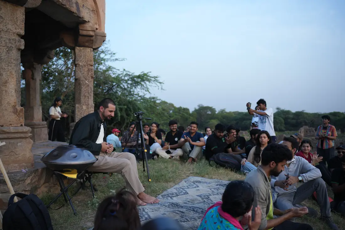 A crowd at sunset